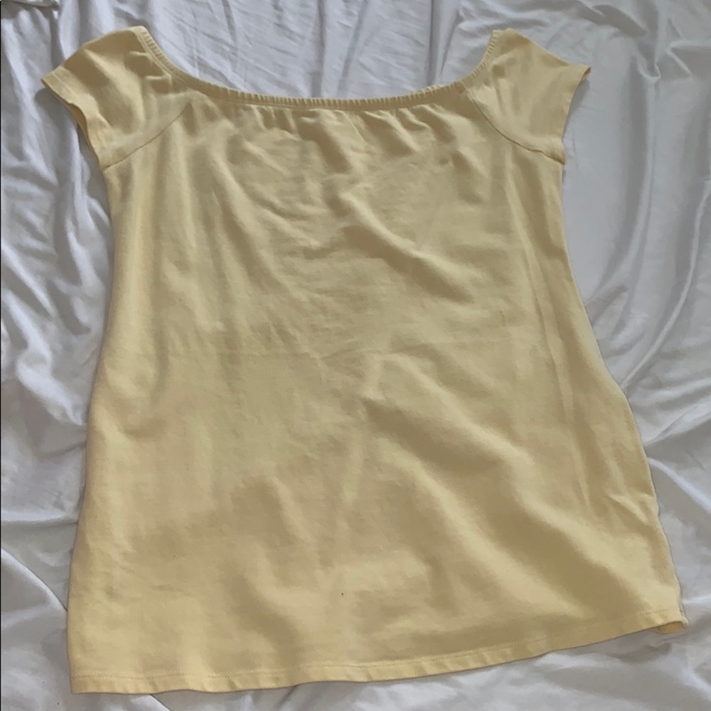 soft yellow maternity off the shoulders shirt